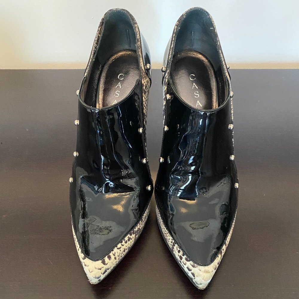 Casadei 7 Black Patent Leather Snakeskin Booties - Picture 2 of 8